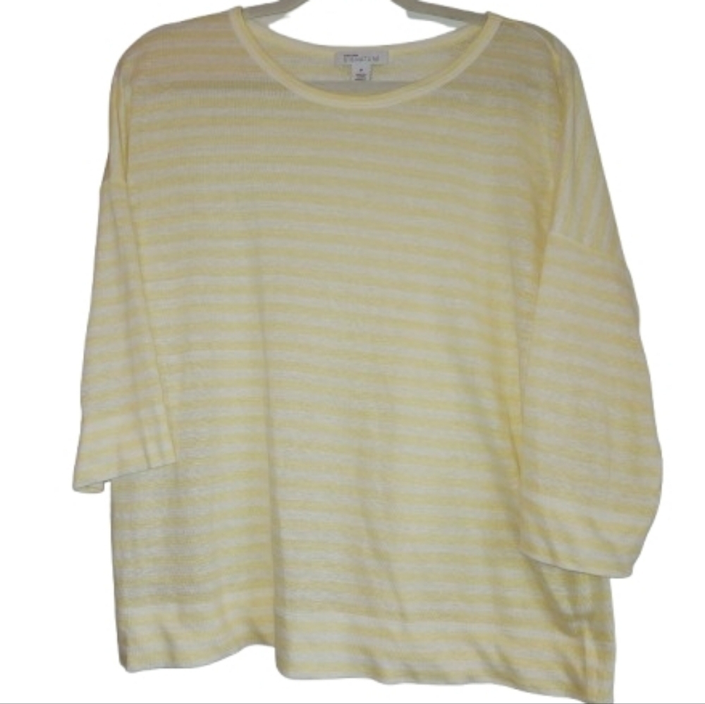 Nordstrom Signature 100% Linen Yellow/White Striped 3/4 Sleeve Top Size M Light